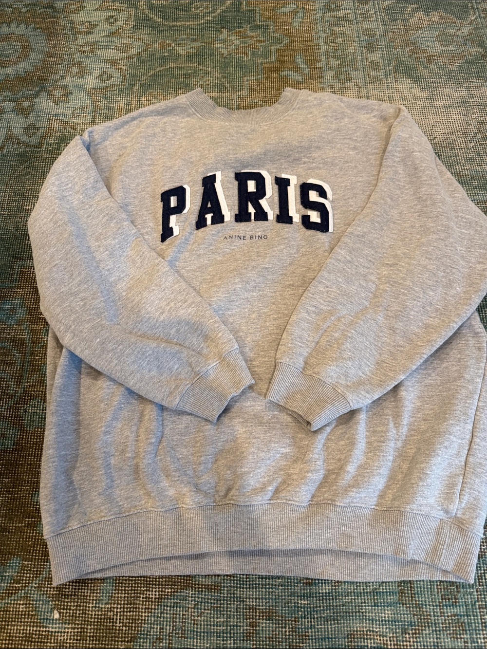 Anine Bing Light Gray Crewneck with Navy 'PARIS' Appliqué
